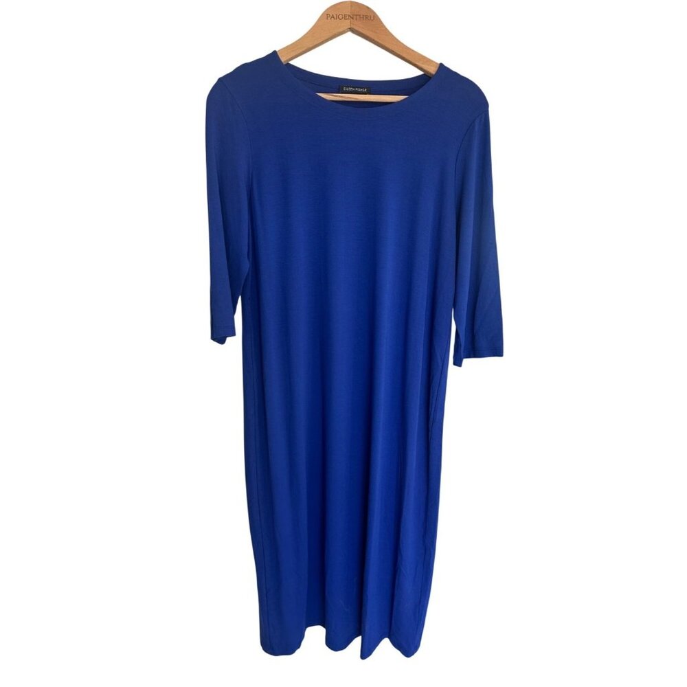 Eileen Fisher Women's Royal Blue Jersey Knit  Shirt Dress Stretch Minimalist Mat